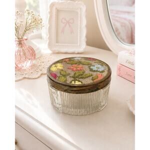 Vintage Glass Vanity Powder Jar Floral Lid Brass Rim Trinket Cottage Shabby Chic